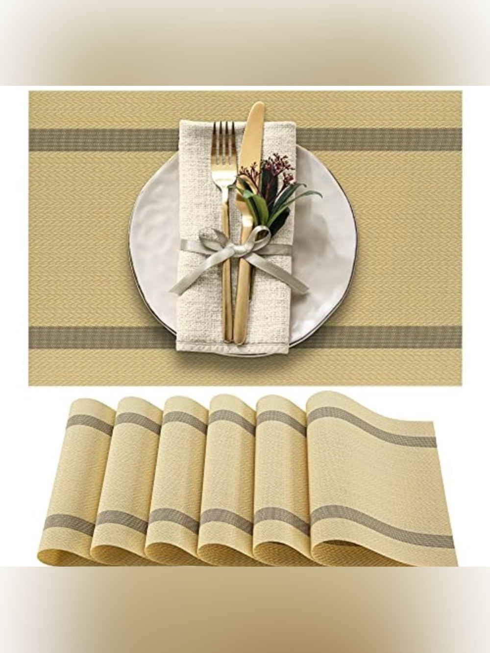 6 Pc High Quality Woven Dust Yellow & Grey Placemats, Durable PVC Vinyl, NEW